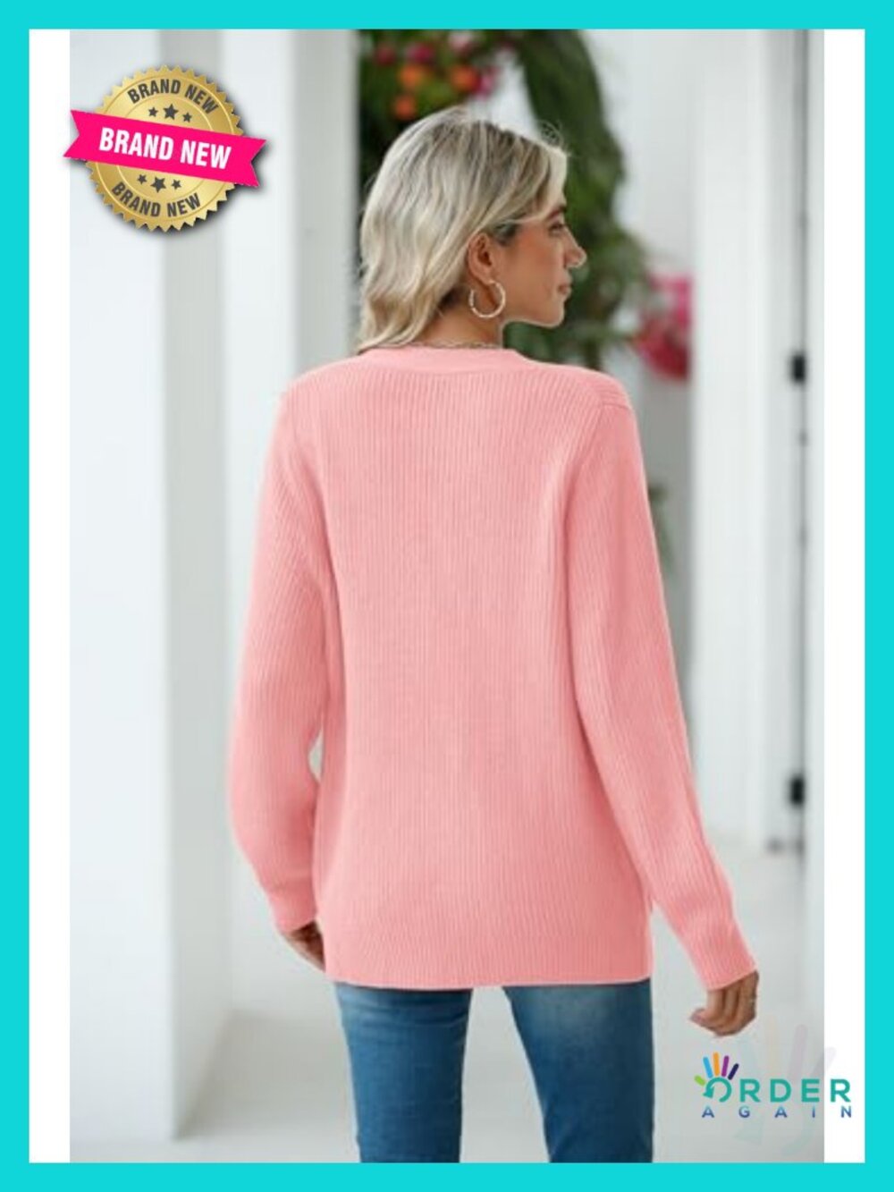 Chunky Knit Cardigan Long Sleeve V Neck Button Up Pocket Sweater Coat - Picture 3 of 6